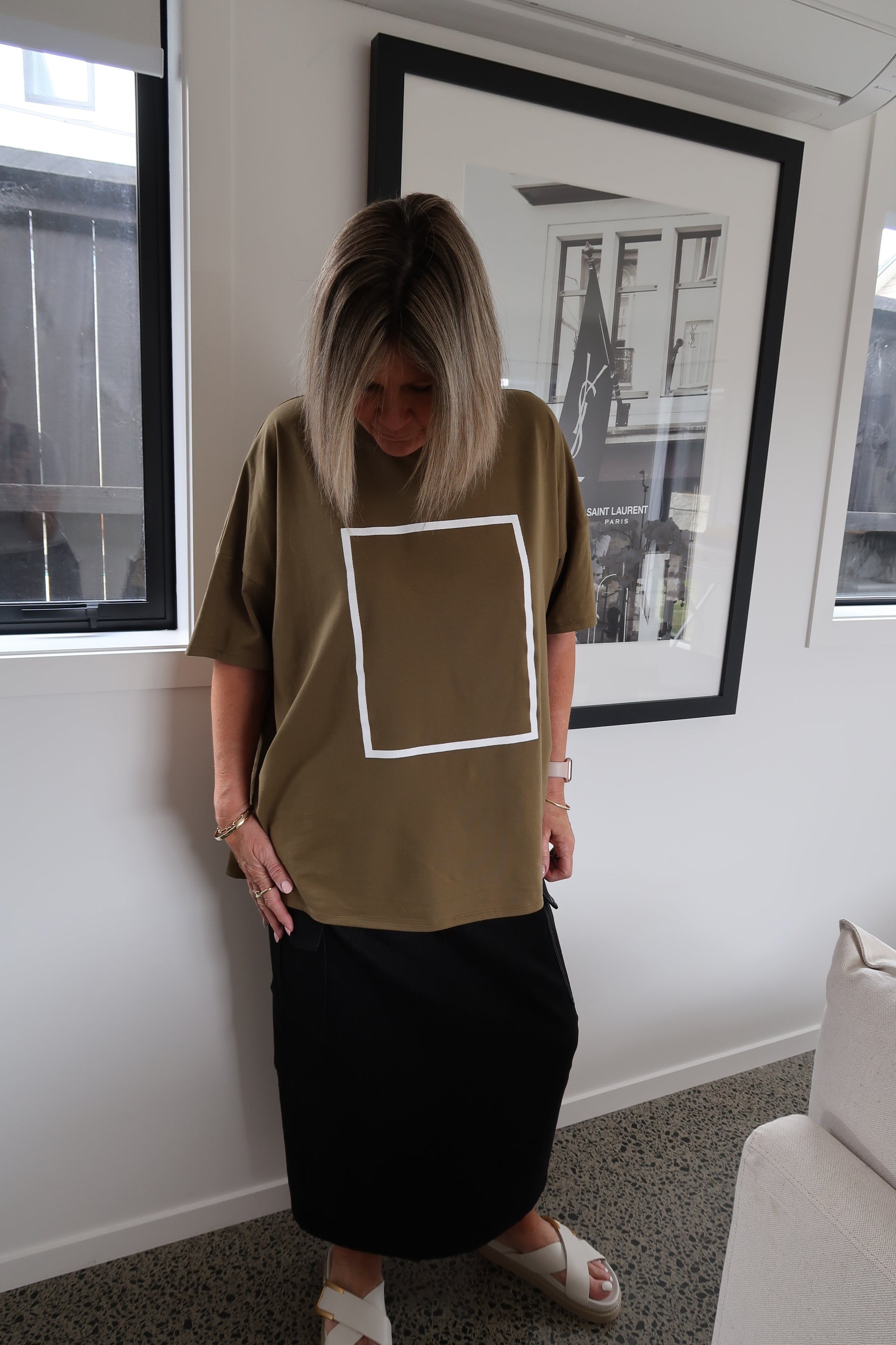 OVERSIZED TEE KAHKI WITH WHITE SQUARE